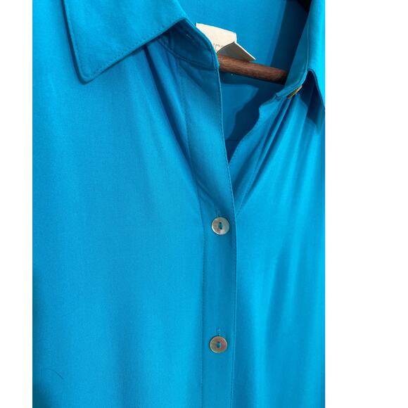 Chico's size 2 Large Blue Asymmetric Hem Button Up Tunic Tie Sleeve Lagenlook - Picture 4 of 7